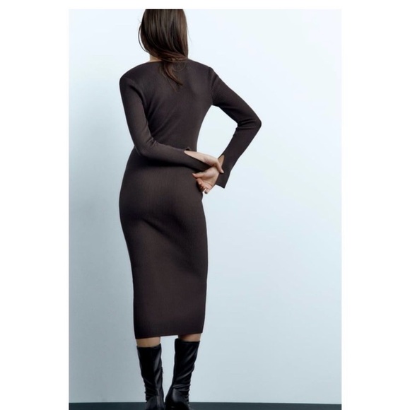 ZARA BROWN FITTED HOOK CLOSURE KNIT DRESS Size small - Picture 2 of 13